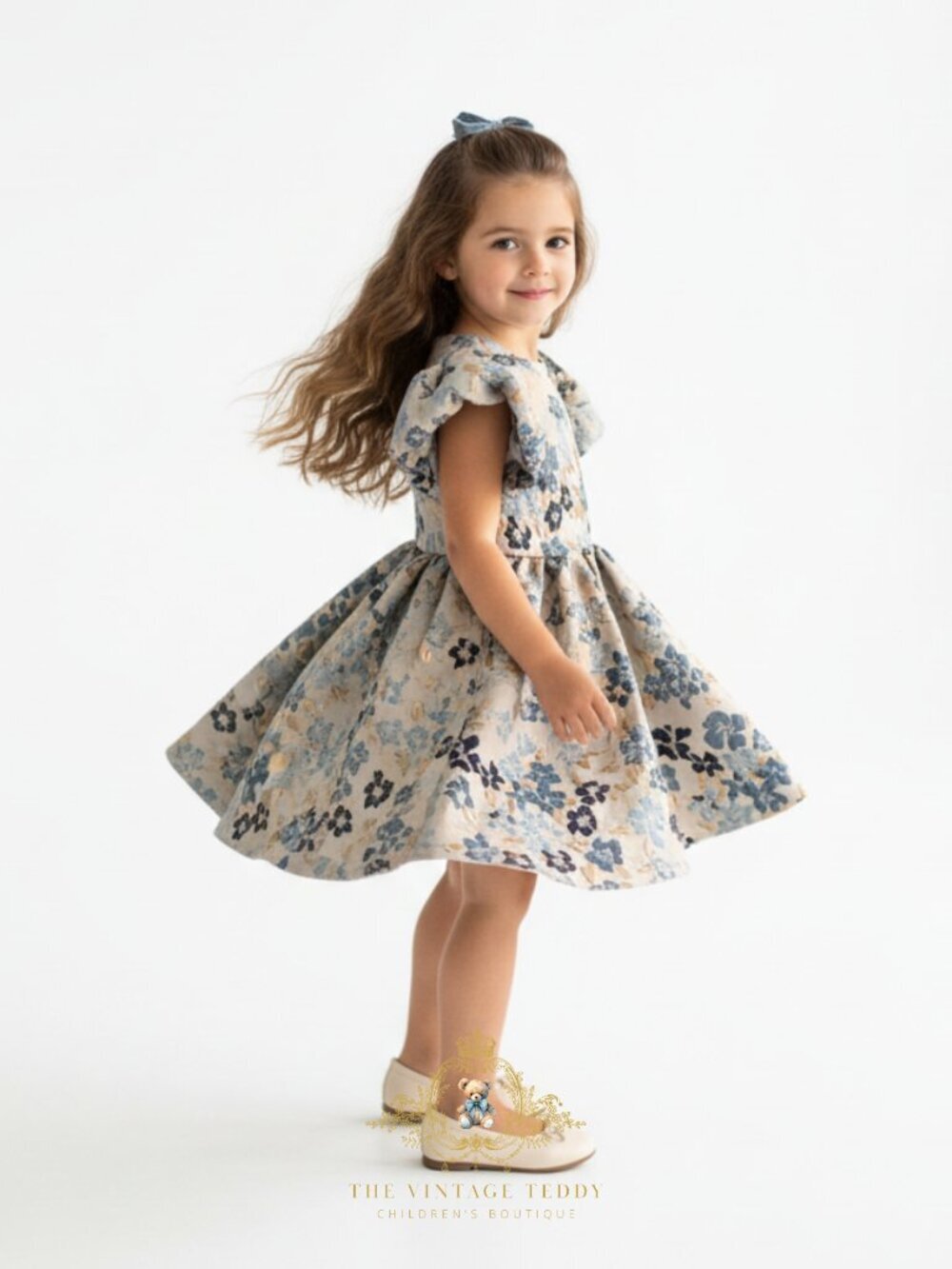 🌹 NWT Beautiful Girls Celebration Dress Floral Jacquard Navy Blue & Gold 6Y